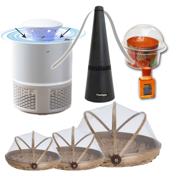 20% korting Anti-Vliegen-Voordeelpakket | Muggenlamp LED met aanzuiging | 3 x Vliegenkapjes bamboe | Vliegenverjager voor op tafel | Fruitvliegjesval