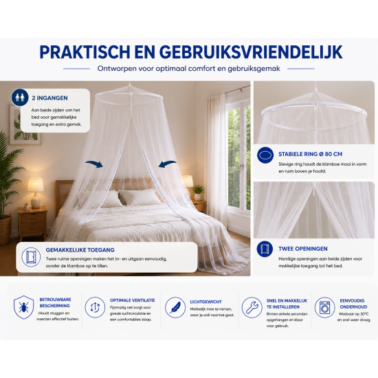 2 persoons Klamboe XXL - Met 80 cm ring - 14 m omtrek | Flystopper K1402 